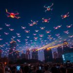 Pertunjukan drone malam memukau di atas kota modern.