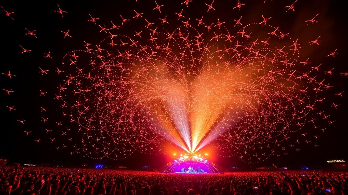 Pertunjukan drone meriah di festival musik malam hari.