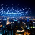 Pertunjukan drone di atas kota malam hari