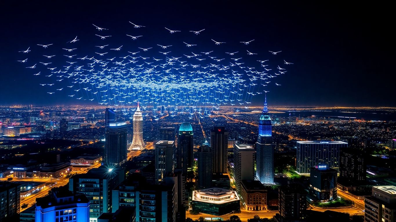 Pertunjukan drone di atas kota malam hari