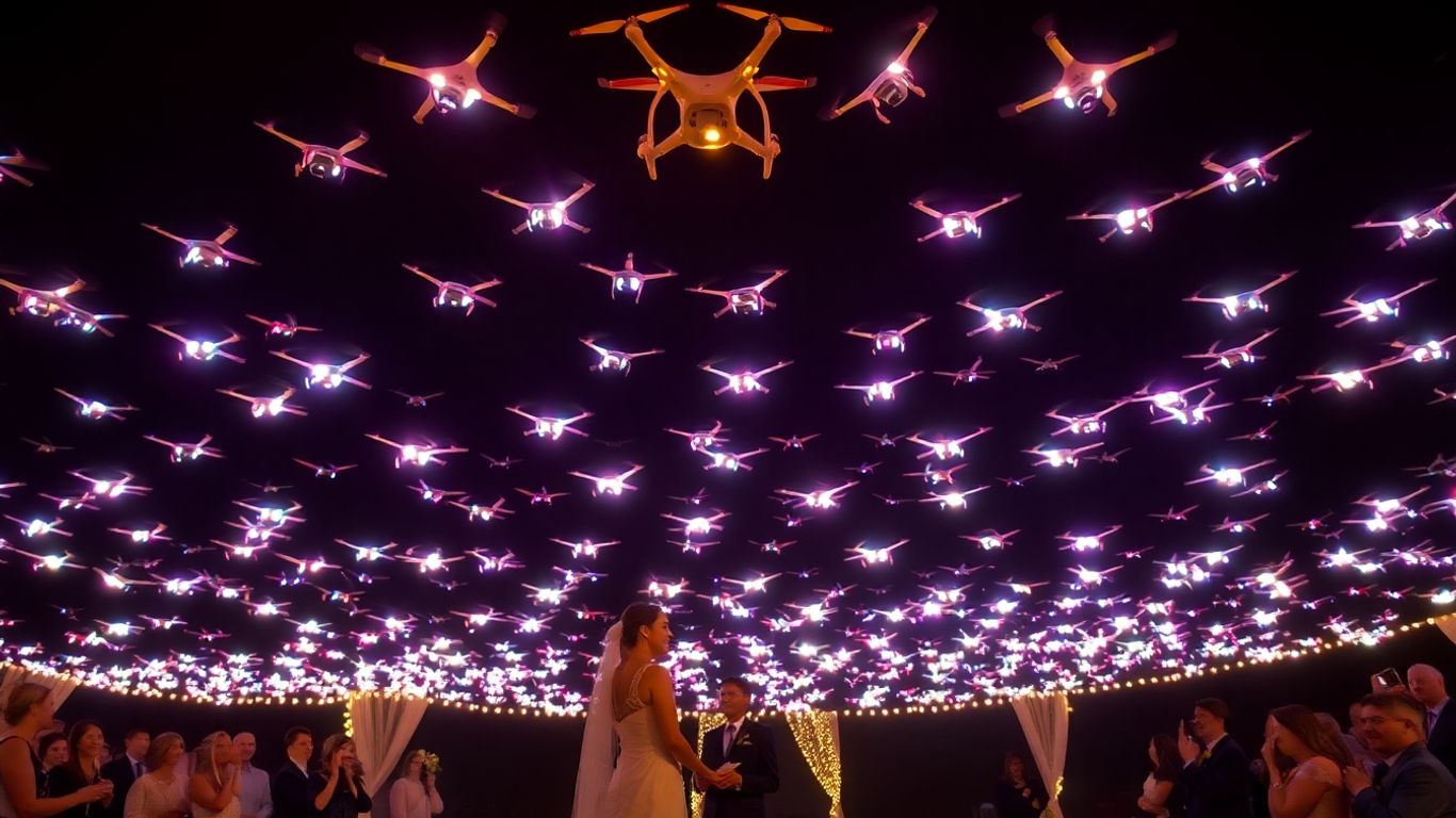 Pertunjukan drone di atas pasangan menikah di malam hari.