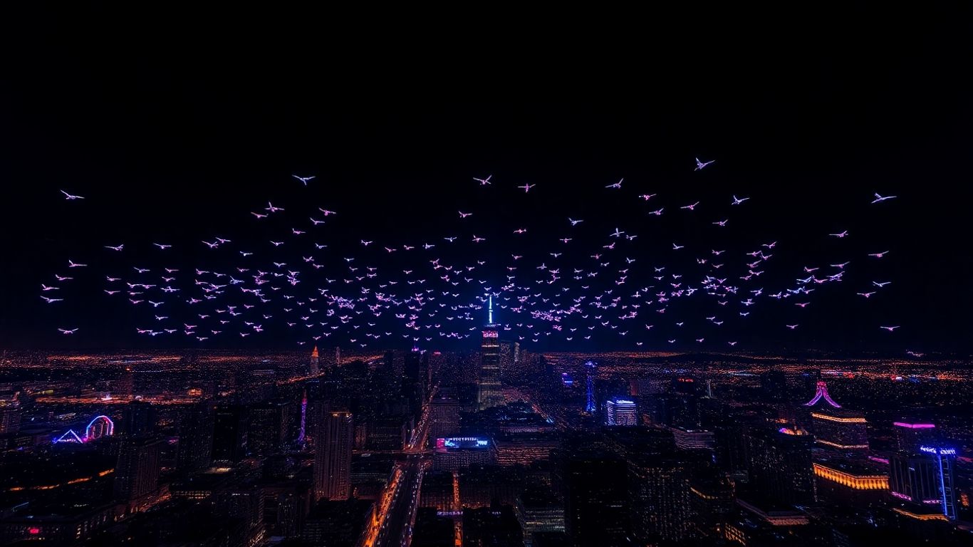 Pertunjukan drone spektakuler di langit malam Indonesia.