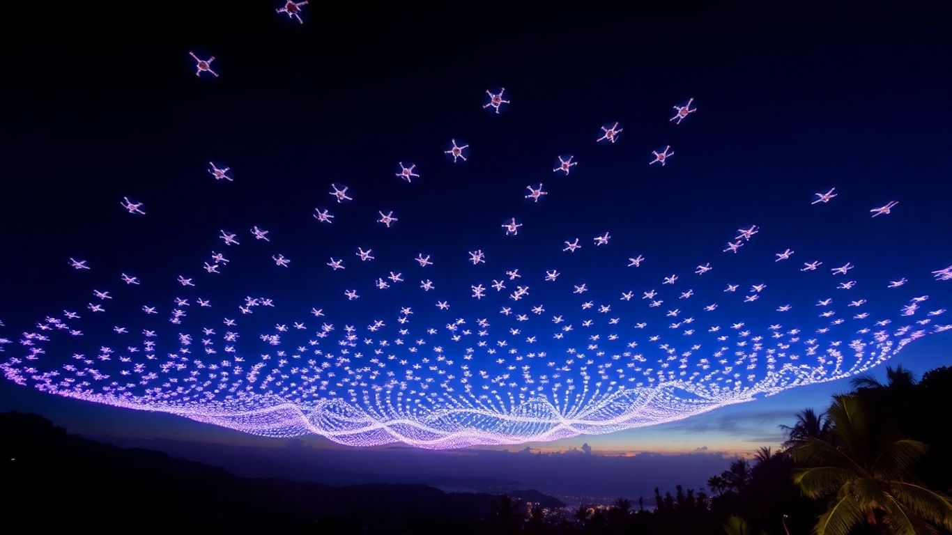 Pertunjukan drone Bali menerangi langit malam yang menakjubkan.